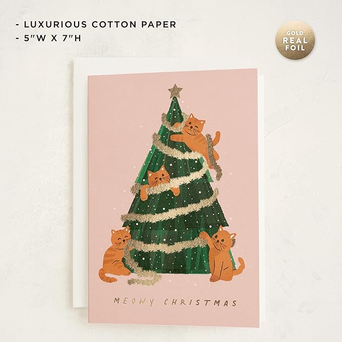 Minted Meowy Christmas Cards, 8 Cards with Envelopes, Folded 5x7 Holiday Card with Tinsel, Star & Playful Cats and Christmas Tree Design, Gold Foil-Pressed, Luxurious Paper, Interior Message Included