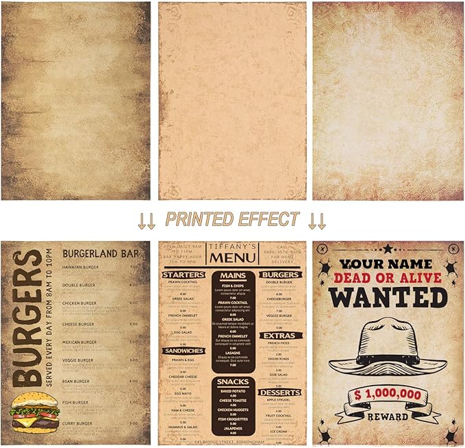 60 Sheets 6 Style Antique Stationary Paper, 8.3 x 11.2 inch A4 Size 100gsm Kraft Double-side Printable Old Aged Vintage Letter Writing Stationery Set for Classic Letters, Poems, Lyrics, Notes