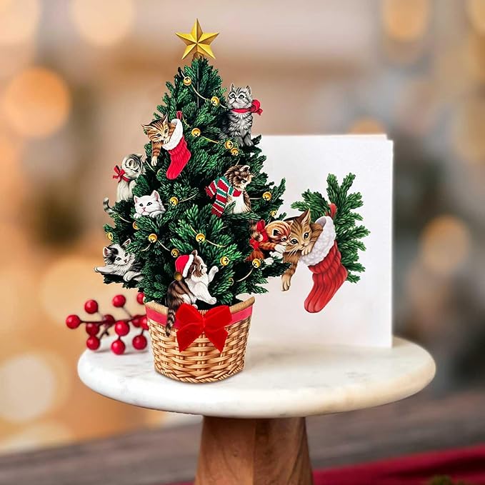 Freshcut Paper Pop Up Cards, Mini Meowy Christmas, 6 Inch Mini Sized Forever Flower Bouquet 3D Popup Greeting Cards, Christmas Card, Holiday Card, Blank Notecard & Envelope