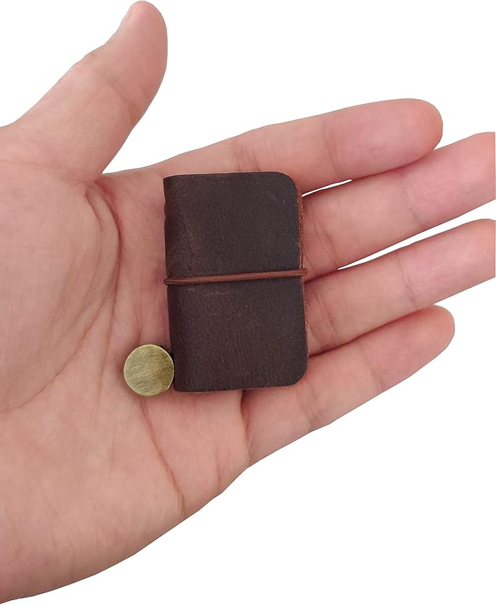 Hesena Miniature Notebook - Handmade Leather Cover with Book Insert, Portable Travel Sized Journal.