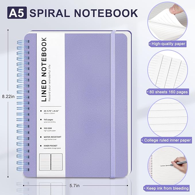 Lined Spiral Journal Notebook, A5 Hardcover Leather Notebook for Work, 5.7''×8.2'', 100GSM Thick Paper Spiral Bound Journaling Notebooks for Women & Men Office School Note Taking Business, Purple