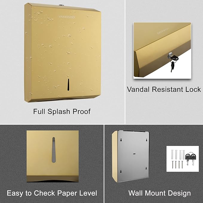 Paper Towel Dispenser, Commercial Stainless Steel Tri-fold/Multi-fold/C-Fold Paper Towel Holder Wall Mount Key (Gold)