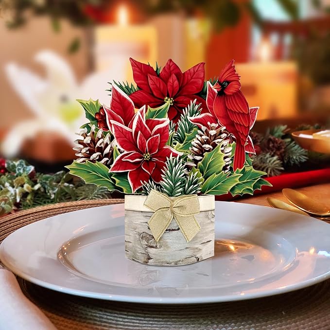 Freshcut Paper Pop Up Cards, Mini Birch Poinsettia, 6 Inch Mini Sized Forever Flower Bouquet 3D Popup Greeting Cards, Christmas Card, Holiday Card, Blank Notecard & Envelope