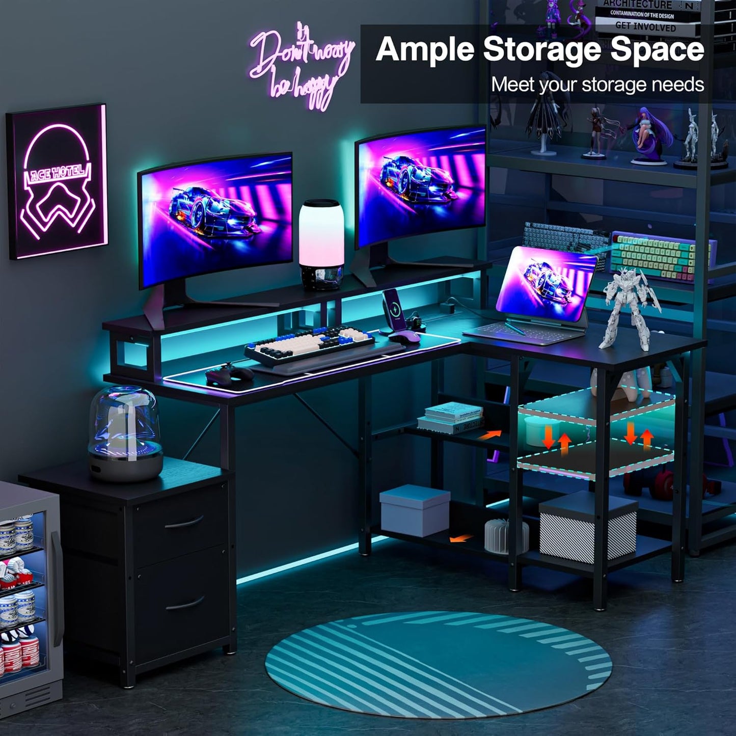 YOUNGAR 69.3" Computer Desks with Storage, Reversible L Shaped Home Office Desk, Corner Gaming Office Desk with 2 File Drawers&Power Outlet, Black