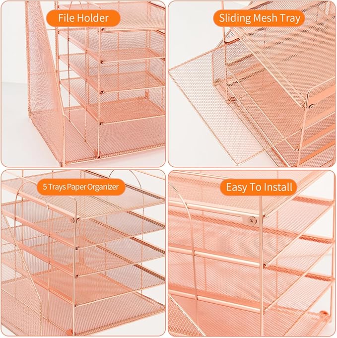 Desk Organizers and Accessories, 5-Tier Paper Letter Tray Organizer with File Holder, Desktop Organizer for Office Supplies, Office Desk Accessories & Workspace (Rose Gold)