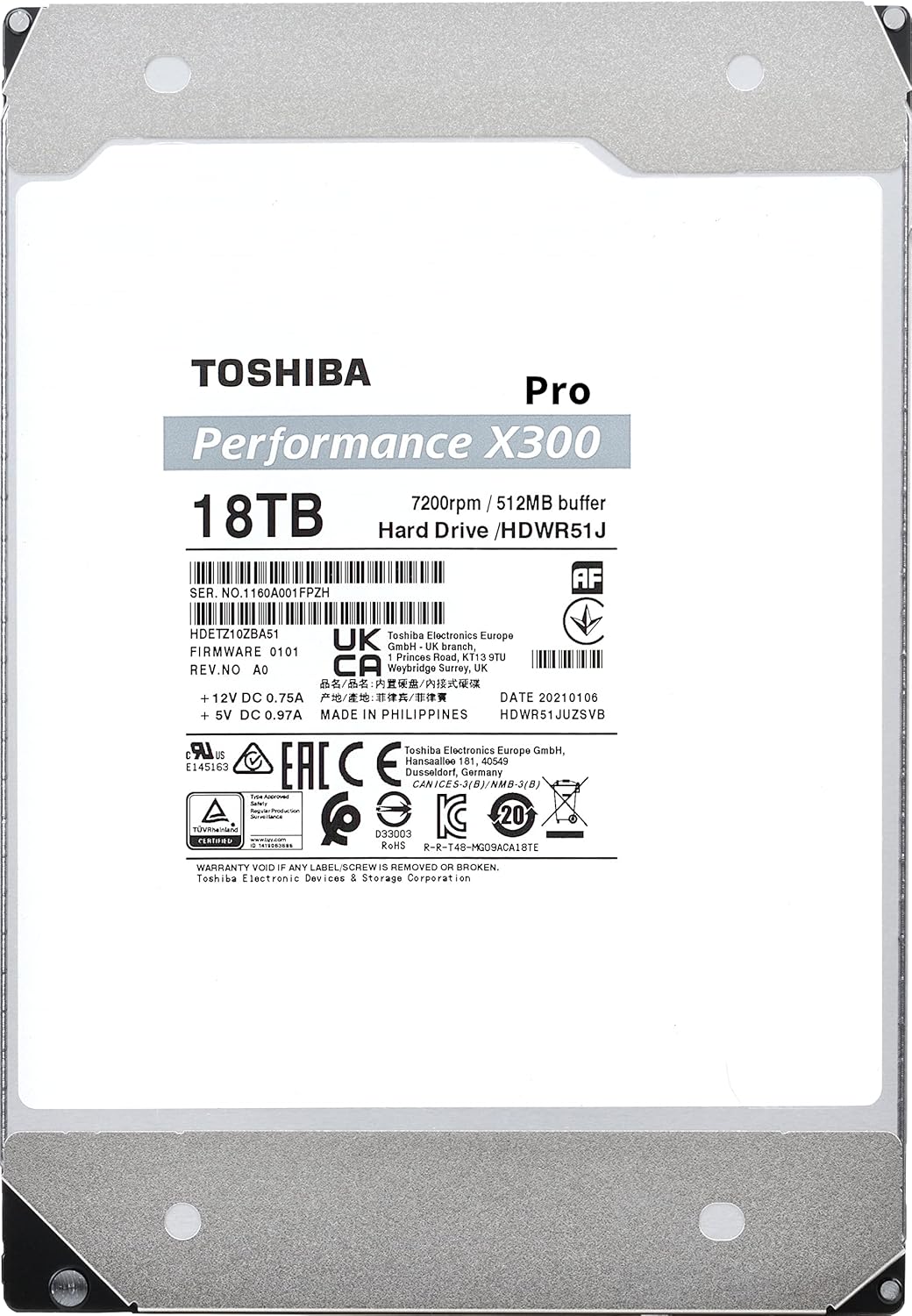 Toshiba X300 PRO 18TB High Workload Performance for Creative Professionals 3.5-Inch Internal Hard Drive – Up to 300 TB/Year Workload Rate CMR SATA 6 GB/s 7200 RPM 512 MB Cache - HDWR51JXZSTB