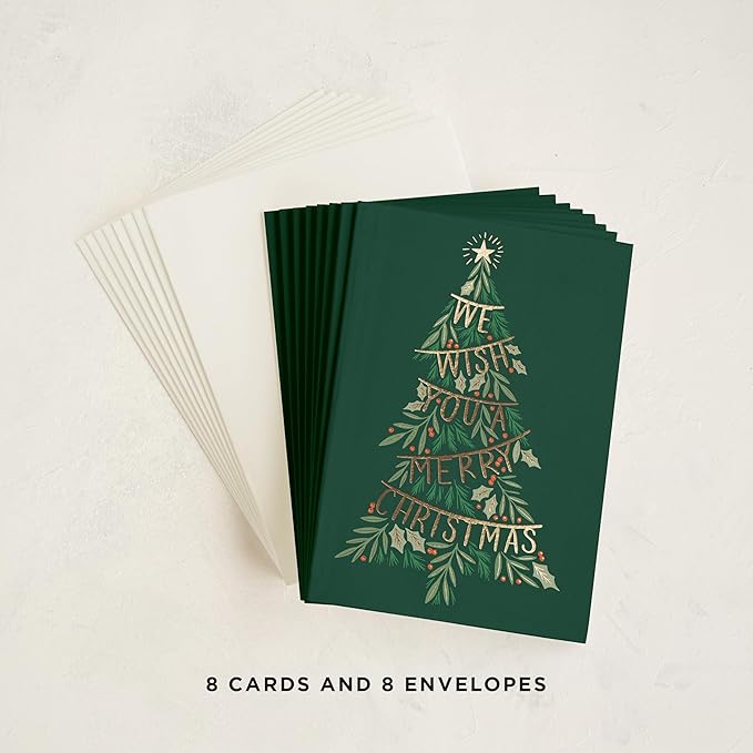 Minted Merry Tree Garland Christmas Cards, 8 Cards with Envelopes, Classic Holiday Card with Festive Garland Tree and Star Design, Folded 5x7 Card, Gold Foil-Pressed, Luxurious Paper, Blank Inside