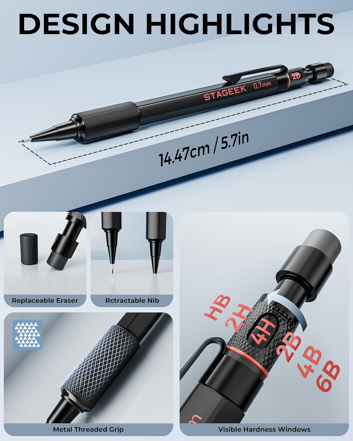 0.9mm Mechanical Pencil Set, 3PCS Metal Mechanical Pencils 0.9mm with 6 Tubes HB & 2B Lead Refills,Erasers, Weatherproof Artist Pencils with Case for Outdoor Writing Drafting Drawing