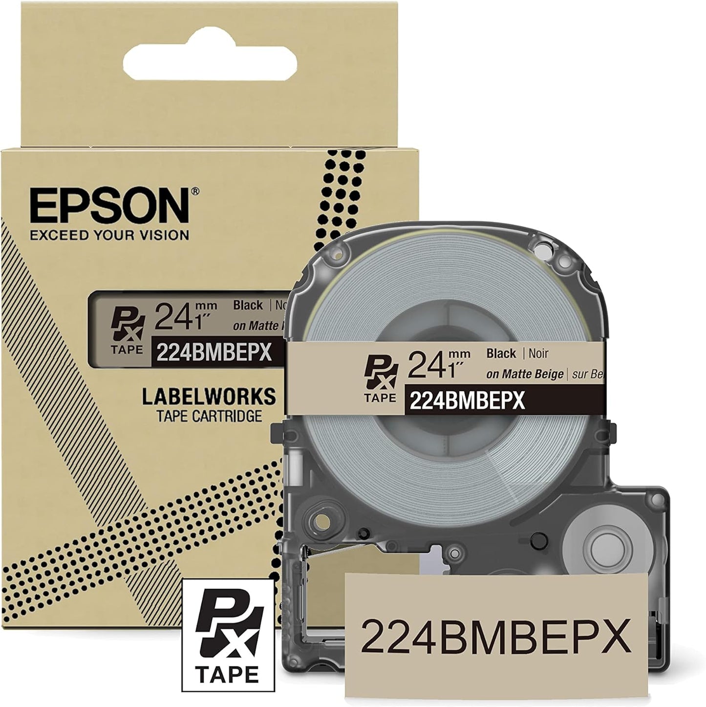 Epson LABELWORKS 224BMBEPX Genuine PET (Polyester) Tape Cartridge - Black on Matte Beige Designer Craft Label Maker Tape - 1" (24MM) Wide, 26'