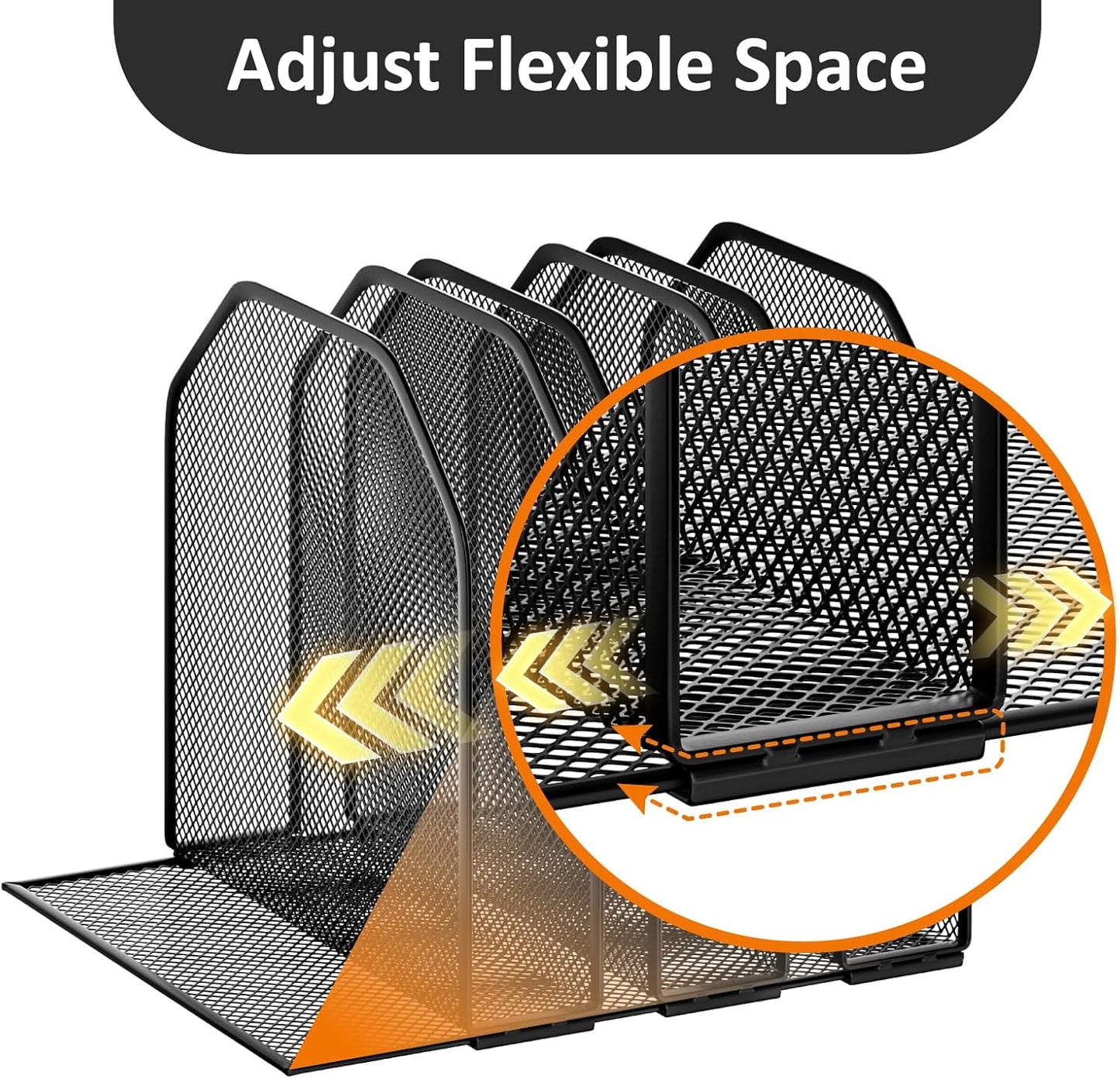 Desk File Organizer, Adjustable 5 Sections Upright Desktop Organizer File Sorter, Sturdy Metal Mesh Vertical Bookshelf File Holder Workspace Accessories for Home,School,Office Classroom,Black