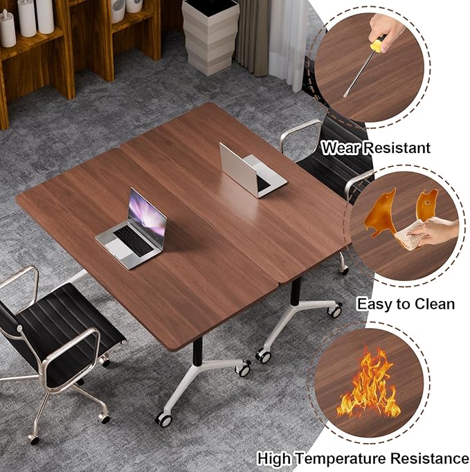Folding Conference Table, Modern Large Conference Room Tables with Flip-Top Design, Foldable Conference Table Meeting Table with Wheels, Mobile Seminar Training Tables for Office Classroom (4, Brown)