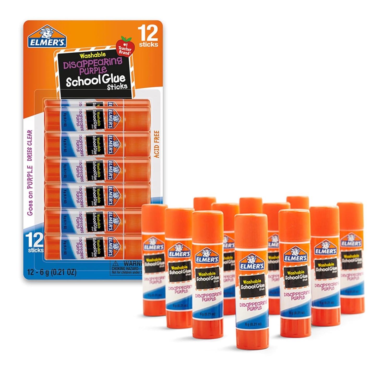 Elmer's Disappearing Purple School Glue Sticks, Washable, 6 Grams, 12 Count - Back to School, Teacher Supplies