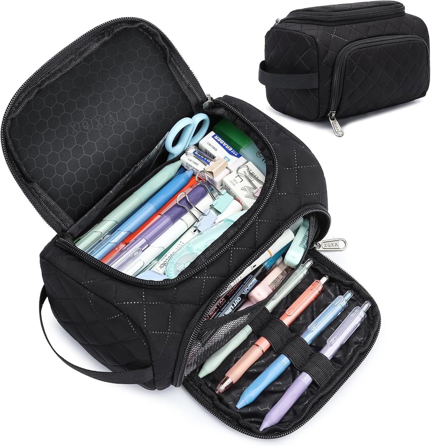 XQXA Extra Large Capacity Pencil Case Organizer, Multifunctional Pencil Pouch with Compartmens, Travel Simple Stationery Bag, Nylon Pencil Bag for Adults (Black Quilted)