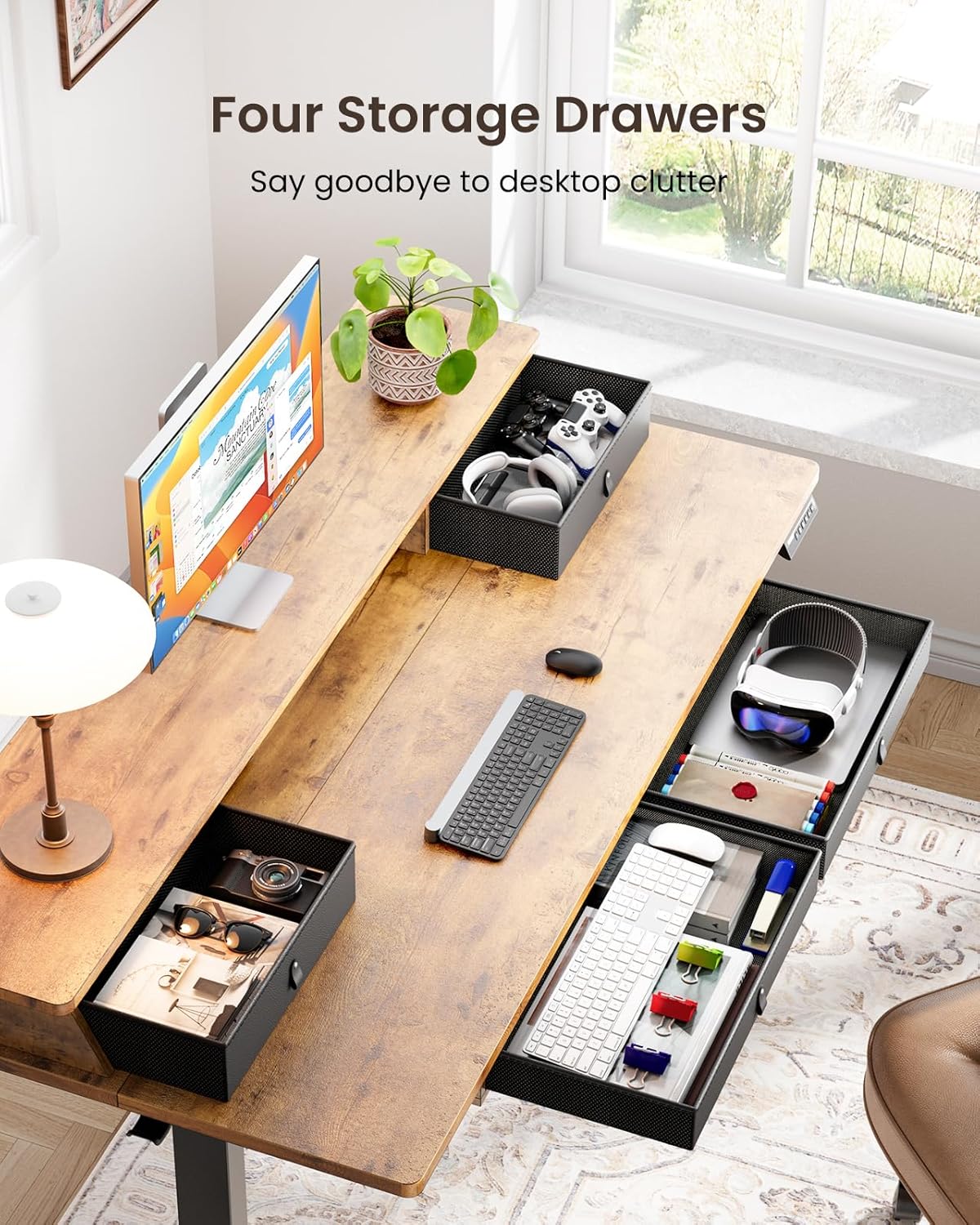 ErGear Electric Standing Desk with 4 Drawers, 55" x 30" Height Adjustable Desk with Storage, C-Clamp Mount Compatible, Computer Home Office Table with Cable Management Tray, Vintage Brown