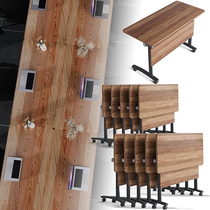 Folding Conference Room Table, Modern Conference Tables with Silent Wheels, Large Rectangular Mobile Training Tables for Office Classroom, Foldable Modular Boardroom Seminar Table (10pack L47.2in)