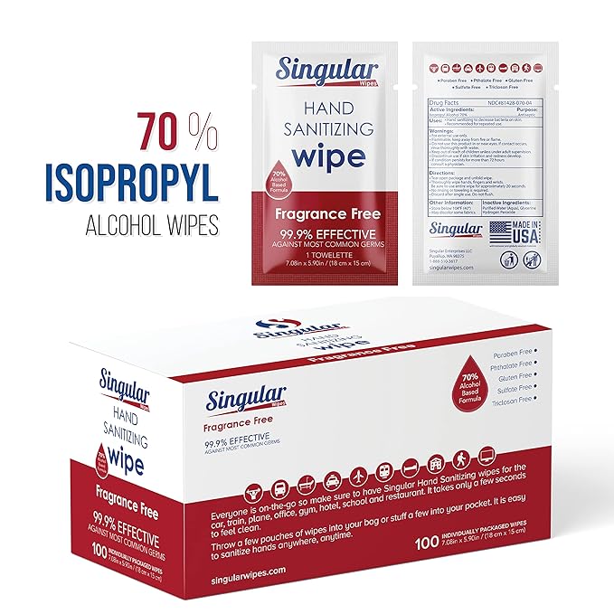 Hand Sanitizing Wipes Travel Size by Singular Wipes –100ct Individually Wrapped | Fragrance-Free, Moisturizing, 70% Isopropyl Alcohol Wipes | Travel, Home, Office, Daily Use | Made in USA