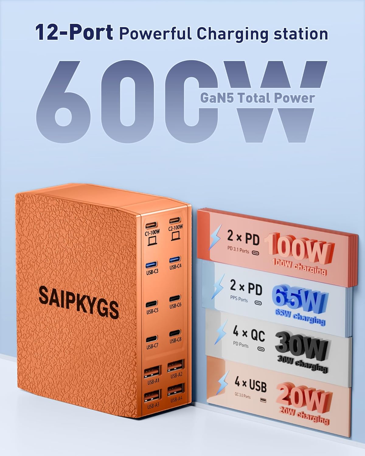 Charging Station (600W),12-Port USB C Charger Block with Dual 100W PD USB-C Fast Charging Station Hub for MacBook Pro/Air/All iPad iPhone 17/16 15/14/13/Pro Max/Samsung Galaxy Note(Orange)