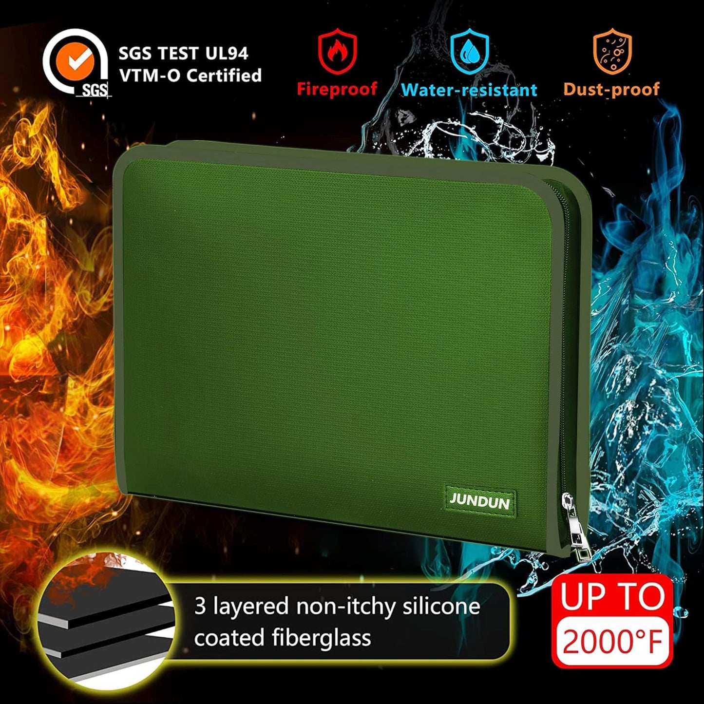 JUNDUN Accordion File Organizer - Fireproof Accordion Folder with Zipper & Labels - 12 Pocket Expanding File Folder with Multi-Pockets Paper Organizer Folder for Letter A4 Files More (Green)