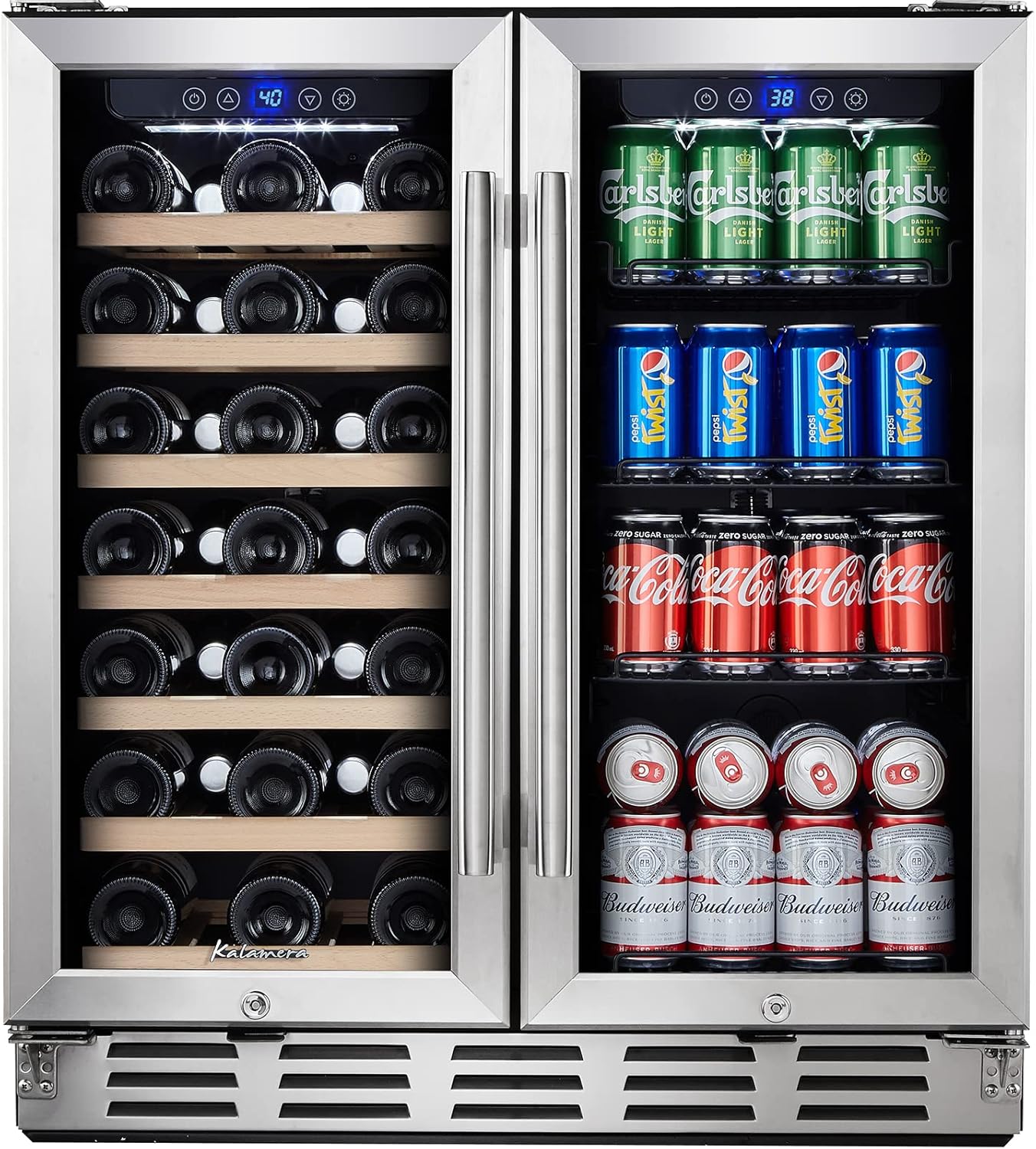 Kalamera Wine and Beverage Refrigerator, 30 inch Wine Fridge Dual Zone Hold 33 Bottles and 96 Cans, Digital Touch Control, Built-In or Freestanding