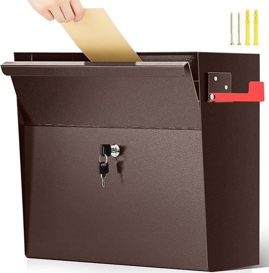 Extra Large Wall Mount Mailboxes for Outside 15.35 x 15 x 7 Inches Locking Security Mail Box Galvanized Steel Wall Mailbox Large Capacity Post Box with Key Lock and Reflective Stickers(Brown)