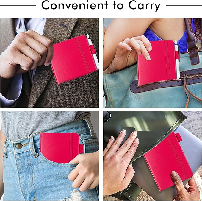 feela 15 Pack Pocket Small Notebooks Bulk, Mini Cute Memo Notepads Hardcover College Ruled Lined Journals with Pen Holder for Women Girls Office School, with 15 Black Pens, 3.5”x 5.5”, A6, Berry