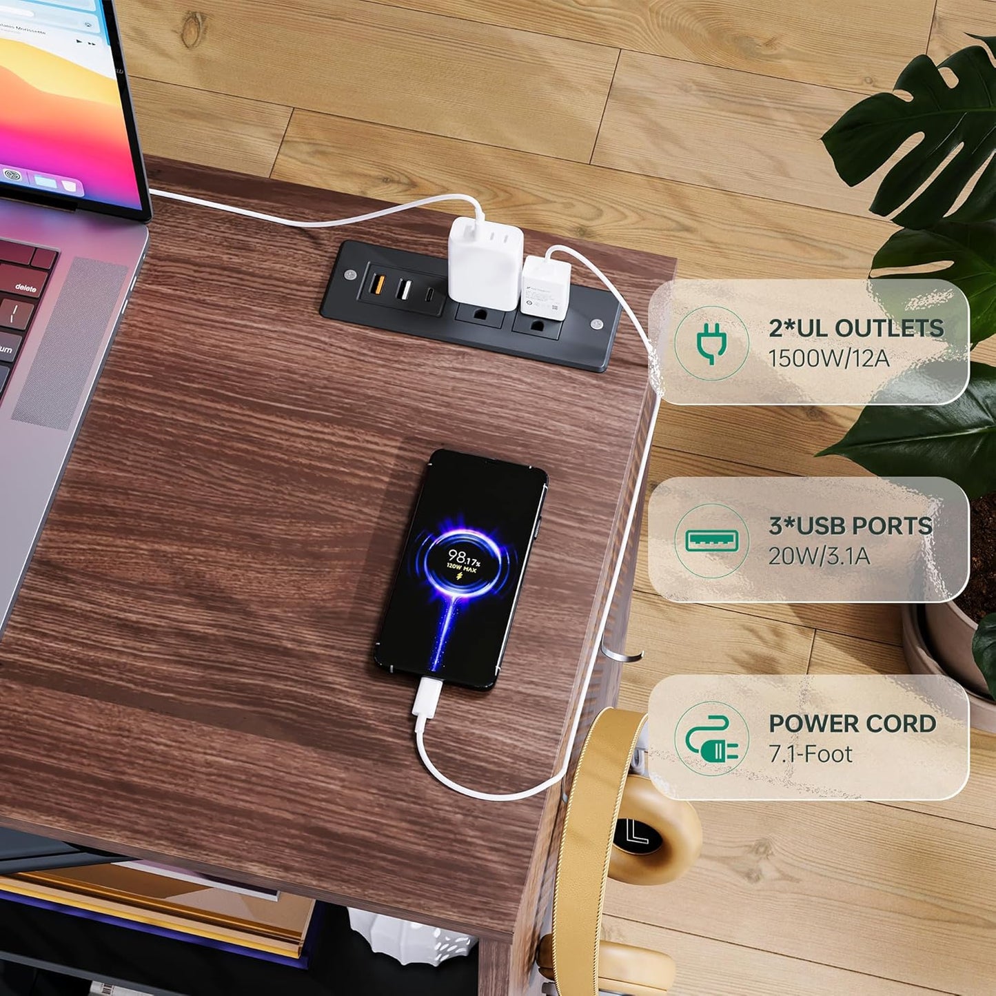 Letaya Mobile 2 Drawer File Cabinet with Lock, Metal Lateral Printer Stand Filing Storage Cabinets with Shelves for Home Office-A4/F4/Letter (Charging Socket)