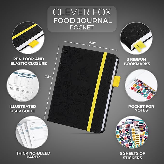 Clever Fox Food Journal Pocket - Daily Food Diary, Meal Planner to Track Calories & Nutrients, Weight Loss Tracker Notebook, 4x5.5” (Black)