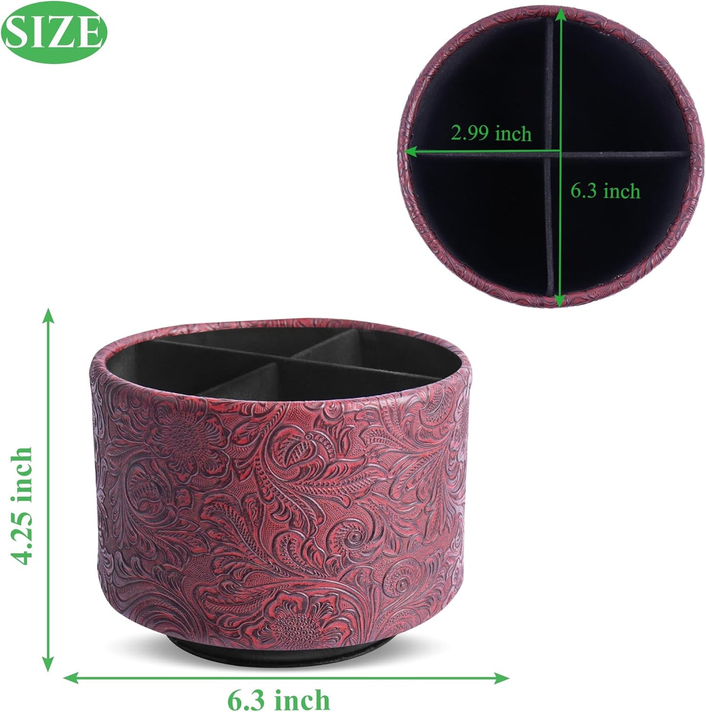 lizimandu Round Leather Art Supply Organizer,Remote Control Holder,360 Degree Spinning,Multi-Functional Pencil Holder,4 Compartments Desktop Stationary Organizer(1-Carved Red)