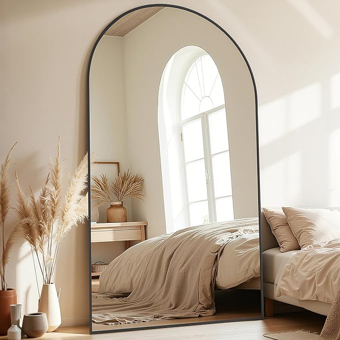 Full-Length Floor Mirror with Stand, 81"x41" Arched Style Full Body Standing Mirror for Bedroom, Living Room, Gym, Dorm - Shatter-Resistant & Easy Assembly, Black