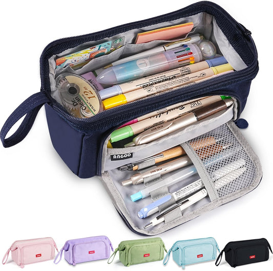 Pencil Case Pouch Large Capacity with Compartments, Pencil Case Pouch Bag with Zipper Handle for Teen Girls Boys Adults Women Men, Portable Pen Bag Stationery Organizer for Office School Travel, Navy