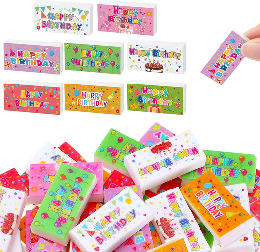 100 Pcs Happy Birthday Erasers Bulk Mini Erasers for Classroom Fun Assortment Birthday Gifts for Back to School Teacher Reward Party Supplies, 8 Styles, 1.6 Inch