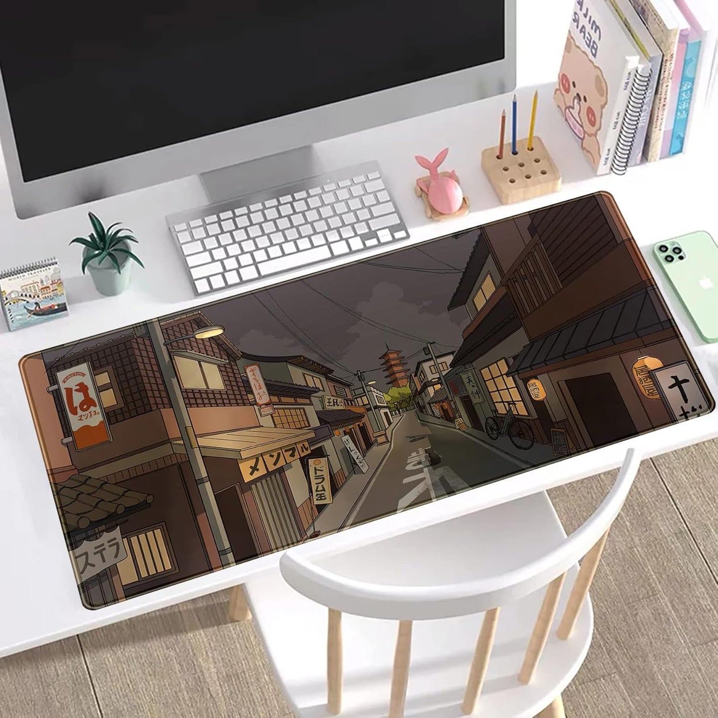 Tokyo Street at Night Kawaii Japanese XL Mouse Pad, Cute Gaming Desk Pads, Anime Large Desktop Mat, XXL Keyboard Mats, Extended Laptop Mat 31.5''X15.7''
