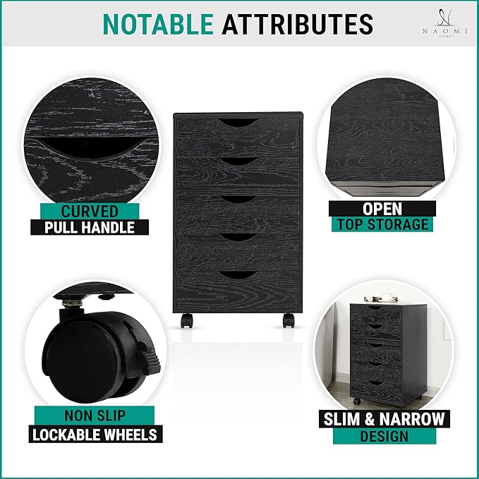 Naomi Home 5 Drawer Office Storage File Cabinet Under Desk Cabinets for Organization Filing with Wheels, Printer Stand Storage, 180 lbs Capacity, Distressed Black (11397AM)