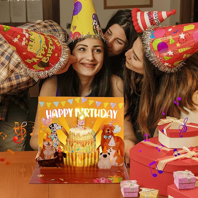 Musical Birthday Cards, Funny Dog Blowable Candle Pop Up Greeting Cards With Colourful Lights, Birthday Gifts for Kids Men Women Mom Dog Lover and Dad