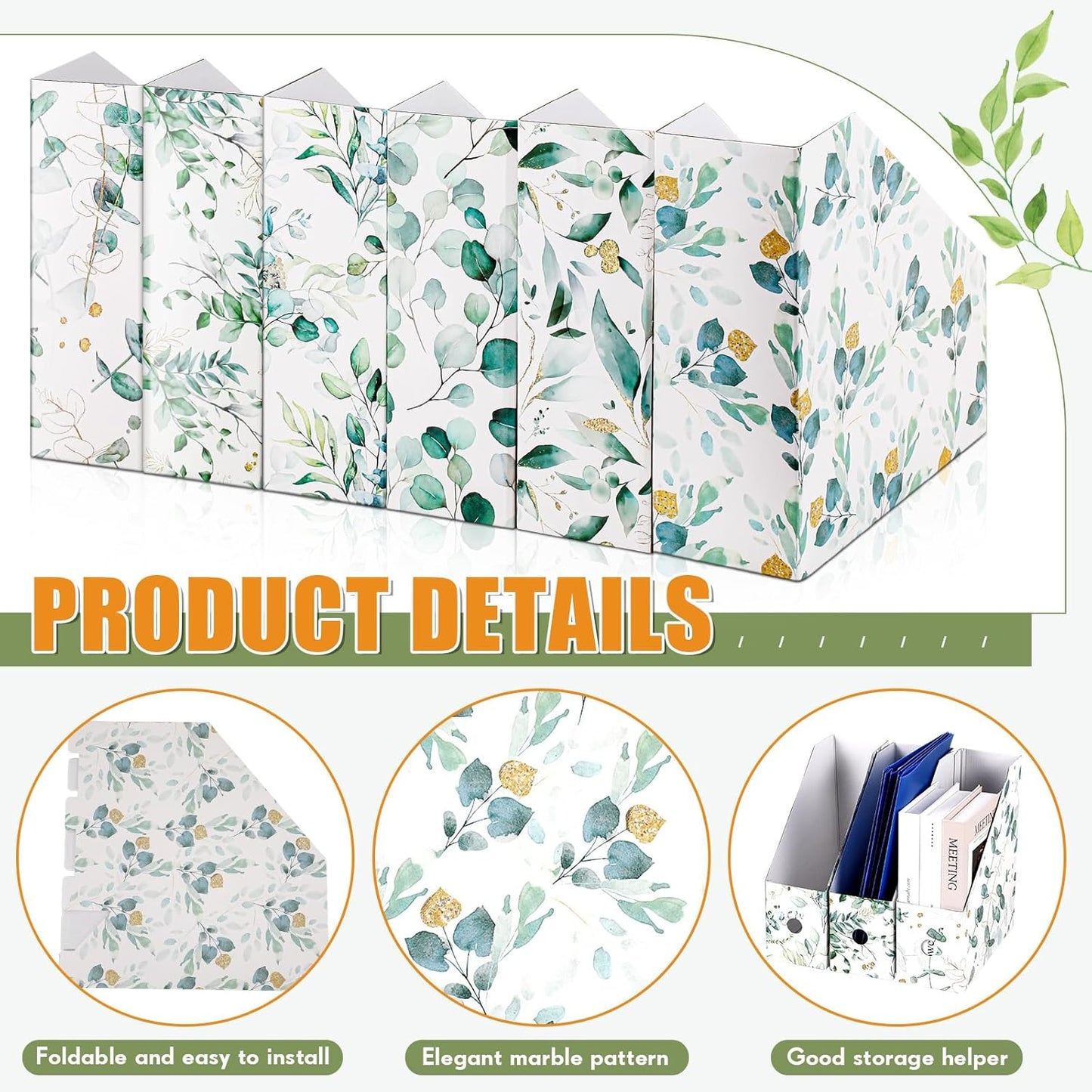PerKoop 6 Pcs Magazine File Holder Foldable Decorative Cardboard File Folders 6 Patterns Floral Colored Magazine Rack with Printable Sticker Labels for School Office Home Desk (Eucalyptus Leaves)