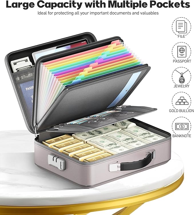 Fireproof Document Box with Water-Resistant Zipper, Hard Case Fireproof Box with Lock, Portable Hard-Shell Fire Safe Box, Large Capacity File Organizer for Important Documents, Laptop (Gray, M)
