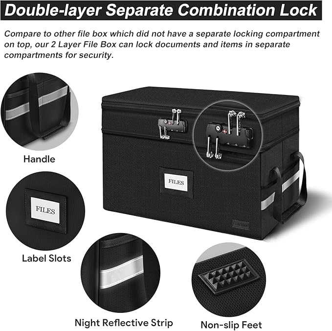 ETRONIK Large Fireproof Document Box with Lock, 2 Layer File Organizer, Portable Office Collapsible File Storage with Reflective Strip for Hanging Letters, Legal Size Folder, Certificate