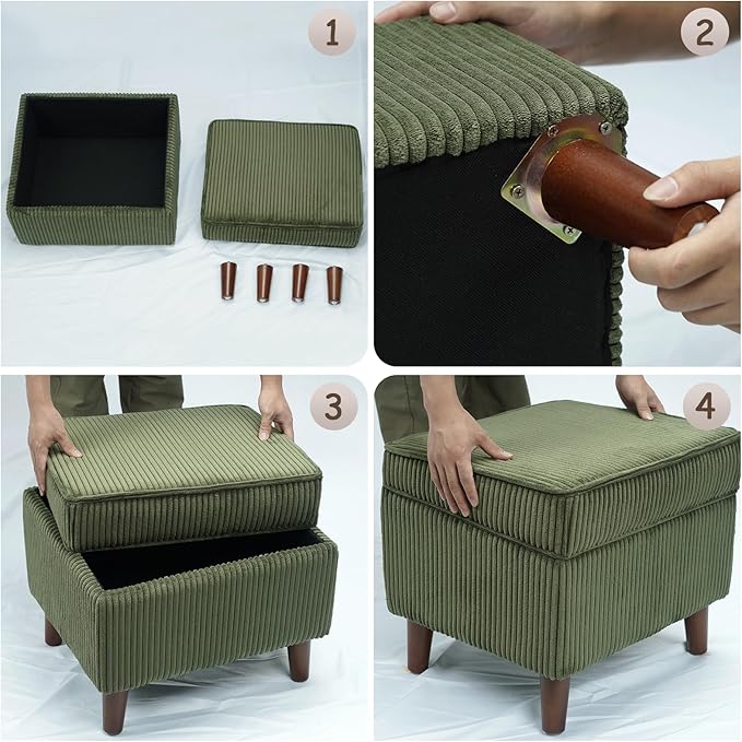 Storage Ottoman with Adjustable Lid, Soft Step Stool, Footrest and Seat, Ottoman Foot Rest for Living Room, Bedroom, Dorm, Green