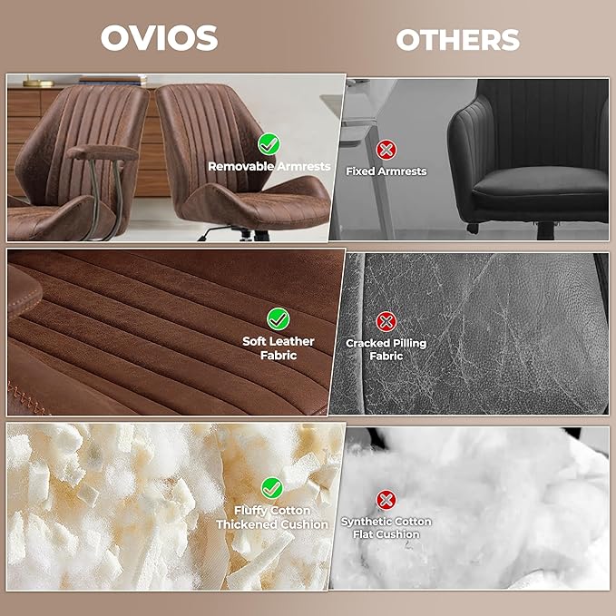 ovios Ergonomic Home Office Chair, Mid-Century Modern Faux Leather Chairs with Padded Armrests, Comfy Mid Back Swivel Rolling Executive Computer Armchair (Dark Brown, Suede Leather)