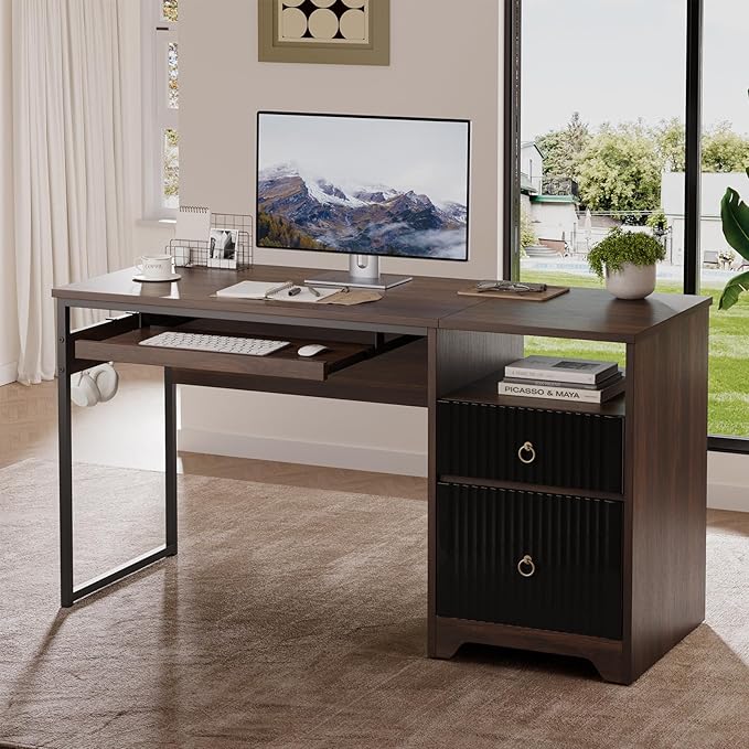 Bestier 55 Inch Computer Desk with Keyboard Tray, Modern Office Desk with Storage, Wood Writing Desk with File Drawer, Fluted Panel & 2 Hooks for Home Office & Studio, Cherry