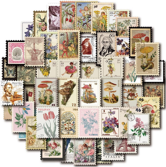 Vintage Postage Stamp Stickers for Scrapbook, 100 Pcs Deco Paper Stickers for Bullet Journal,Botanical Fairy Sticker for Junk Journal, DIY Crafts,Collage Album (Stamp-Like)