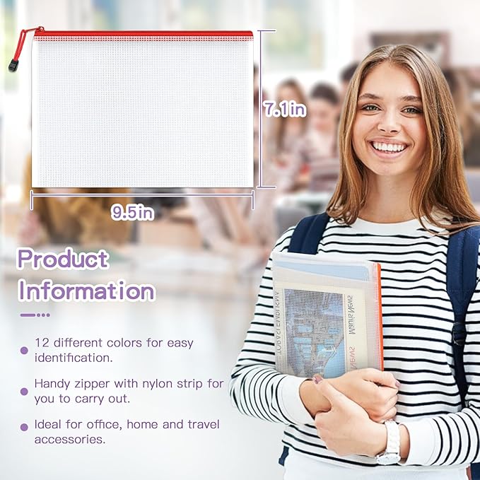 Umriox Small Zipper Pouch, 9.5x7.1 in (12 Colors, 36 Packs), Mesh Bags with Zipper, Storage Bags, Zipper Bags for Office Supplies Travel Storage