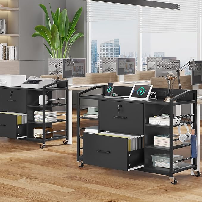 SEDETA 44" File Cabinet, Filing Cabinets fits Legal, Letter, A4 Size, 2 Drawer Office File Cabinet for Home Office with Lock, Power Strip, 6 Adjustable Shelves & 4 Hooks, Black
