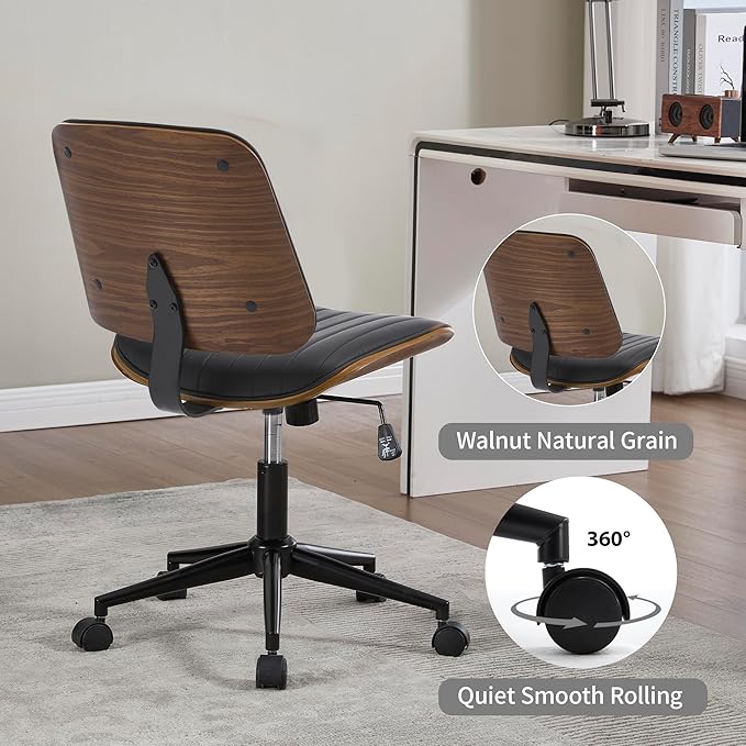 Small Home Office Chair - Armless Mid Back Desk Chair with 360° Swivel and Wheels, PU Upholstered Height Adjustable Modern Walnut Computer Chair for Home, Office Meeting Room - Black