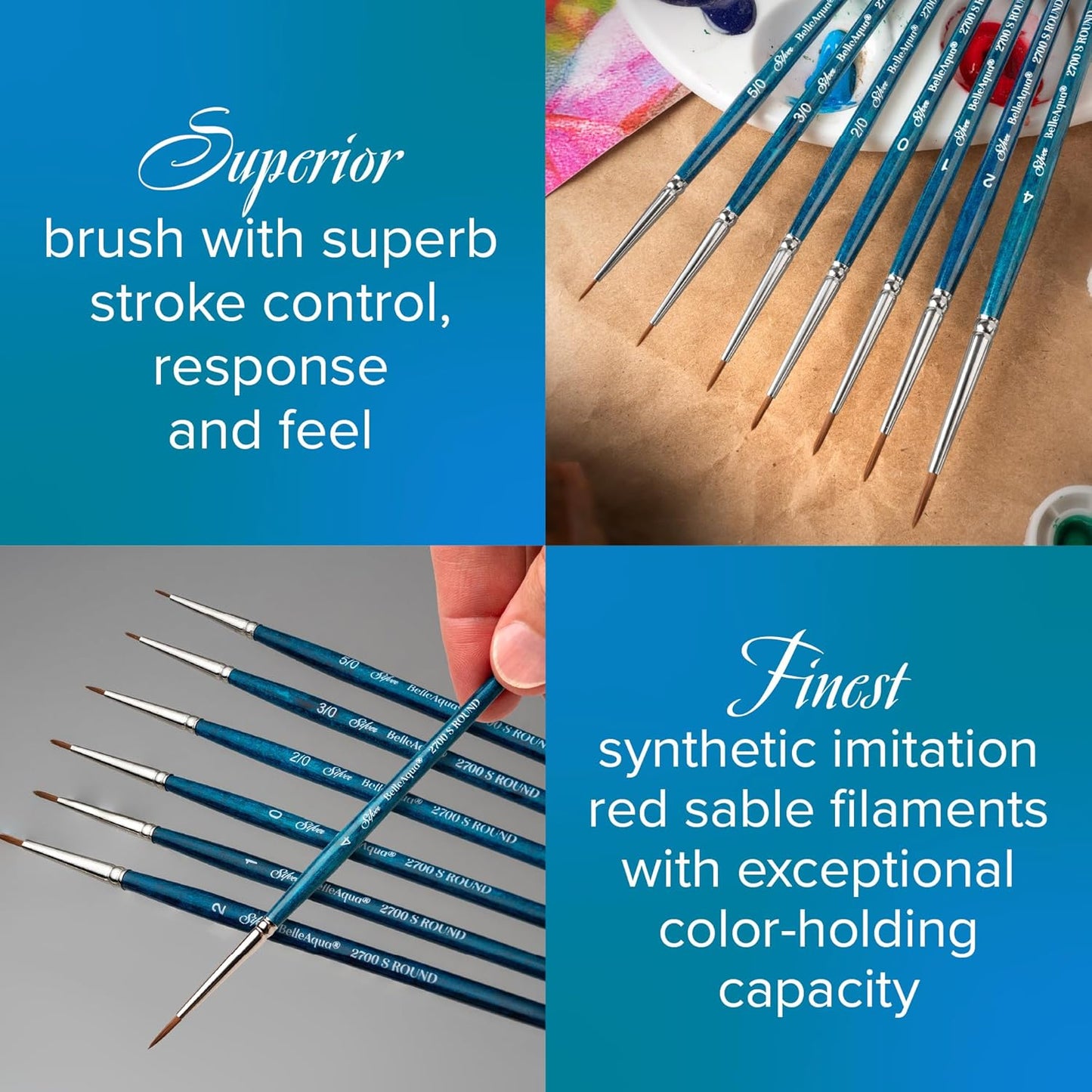 Silver Brush Limited BA-2704S BelleAqua Cats Tongue Pro Watercolor Brush Set, 3pc Professional Soft Synthetic Red Sable Short Handle Size 4 & 8 Cats Tongue, and a Size 4 Round Paint Brush