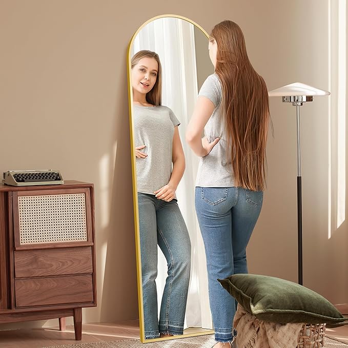 Arched Full Length Mirror, 58" x 18" Floor Mirror with Stand – Shatterproof Tempered Glass, Modern Aluminum Frame, Multi-Mount for Bedroom, Living Room, Gym, Gold