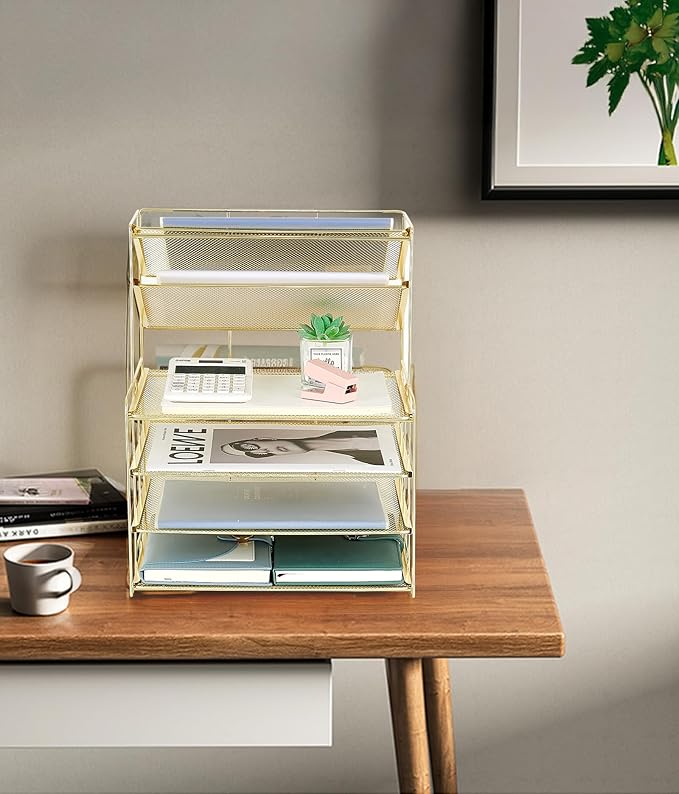 6-Tier Letter Tray Paper Organizer, Desk Organizers and Accessories, Desktop File Organizer, Office Desk Accessories for Office Supplies (Gold)