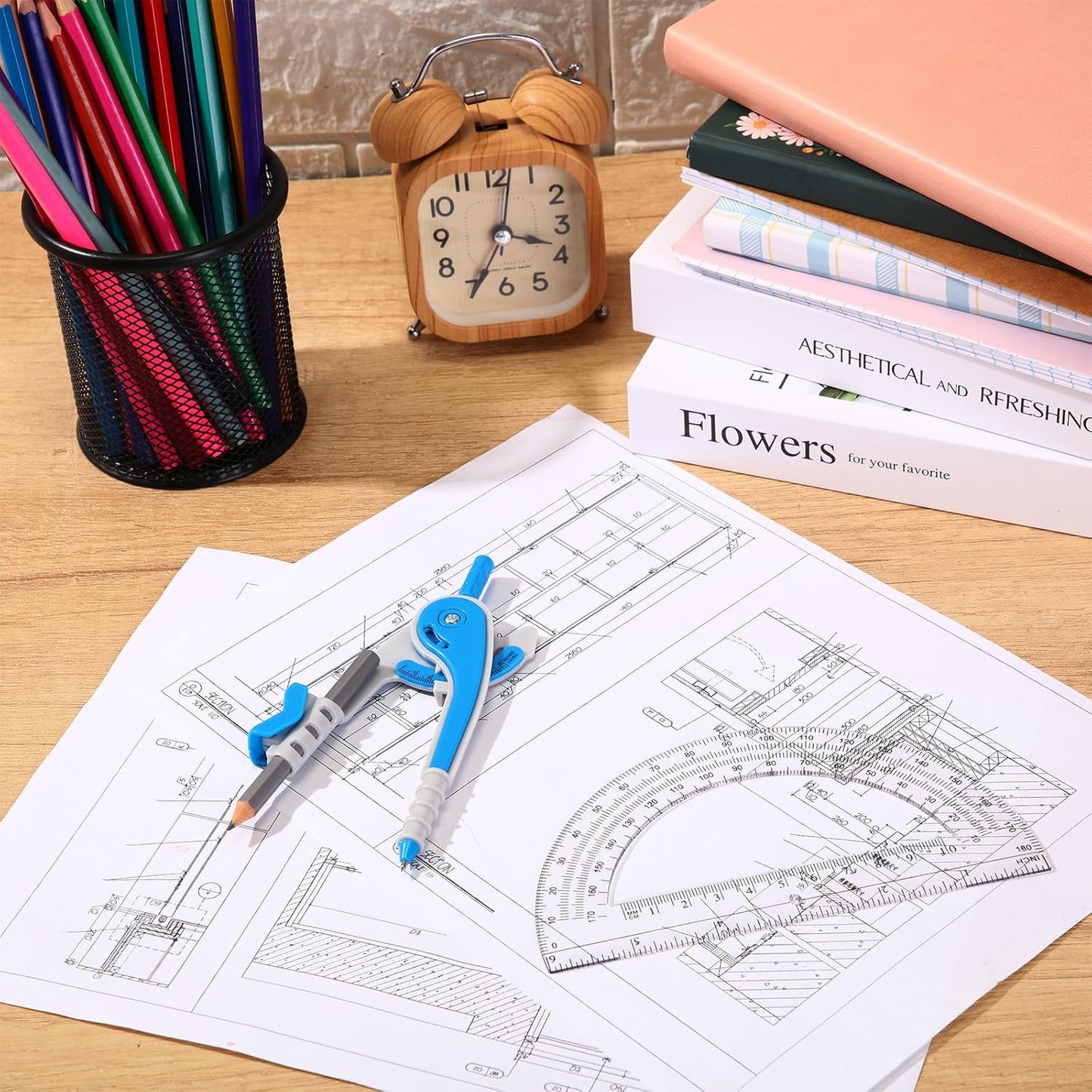 EBOOT Student Geometry Math Set, Drawing Compass and 6 Inch Clear Swing Arm Protractors 180 Degree Math Protractor(Blue)