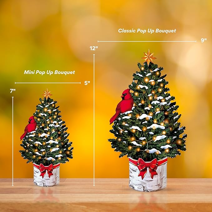 Freshcut Paper Pop Up Cards, Mini Merry Tree, 6 Inch Mini Sized Forever Flower Bouquet 3D Popup Greeting Cards, Christmas Card, Holiday Card, Blank Notecard & Envelope