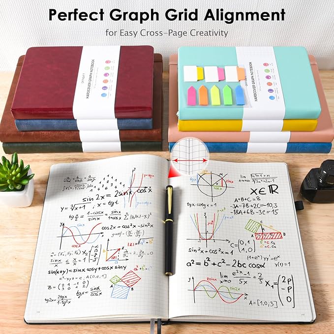 Graph Paper Notebook, 312 Numbered Pages Large A4 Hardcover Leather Journal, 100gsm No Bleed Grid Paper Notebook with Index Pages, Squared Grid Notebook for Graphing Notes Math, 8.5'' × 11'', Black